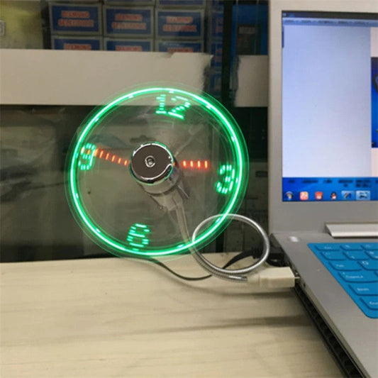 Ventilateur USB lumineux affichant l'horloge.