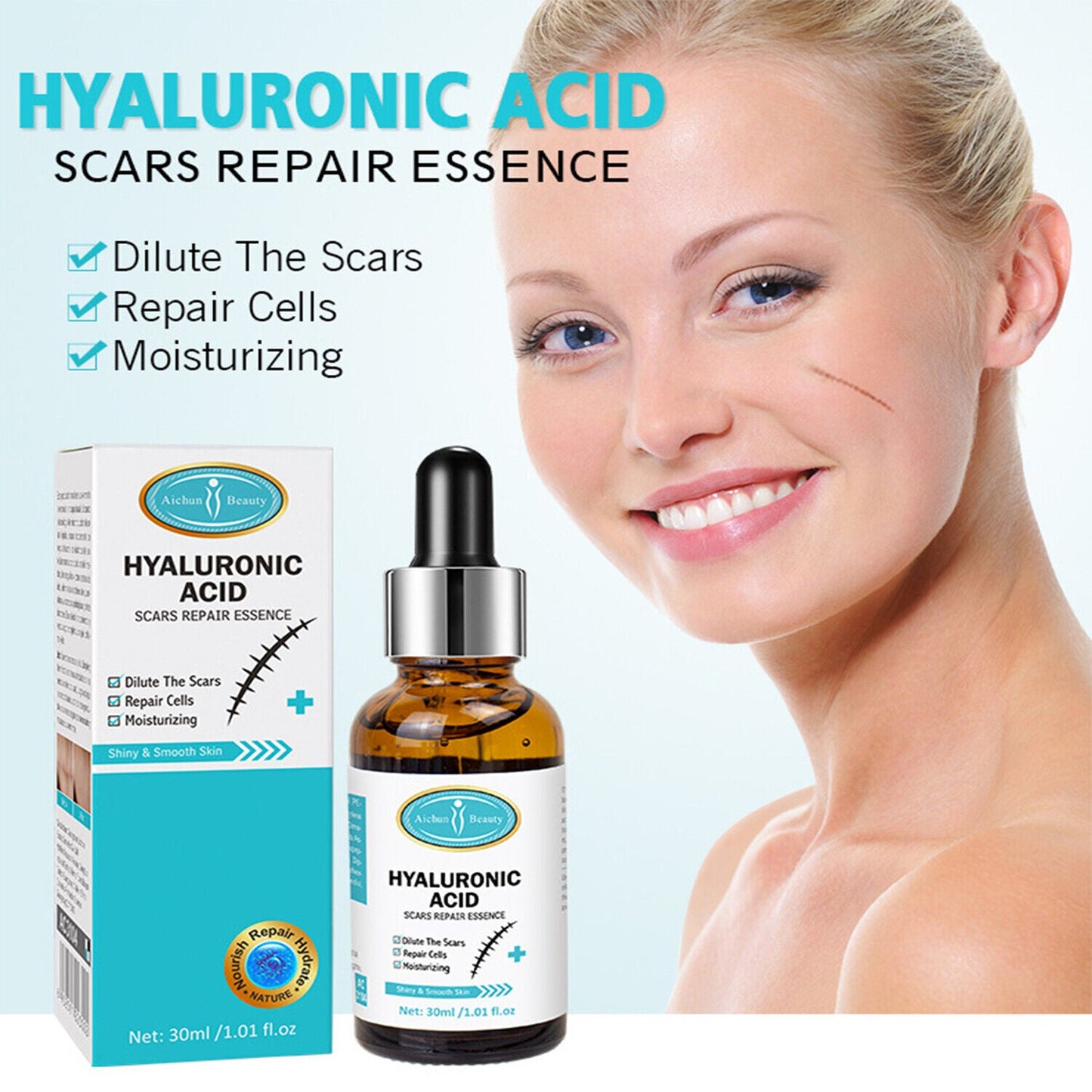 Sérum anti-cicatrice à l'acide hyaluronique pour l'élimination des cicatrices.
