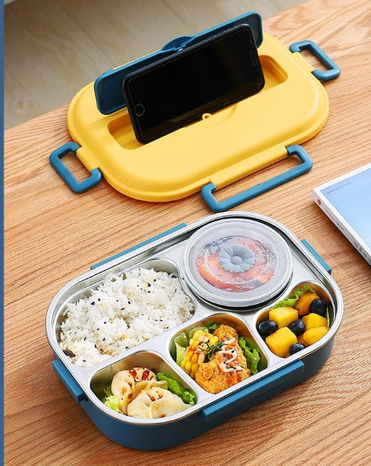Boîte à lunch portable avec compartiments en acier inoxydable.